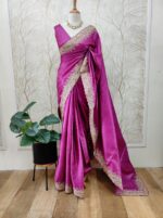 Tussar silk with thick aari work on border - Magenta - Image 4