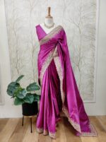 Tussar silk with thick aari work on border - Magenta - Image 2
