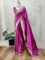 Tussar silk with thick aari work on border - Magenta - Image 3