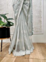 Organza with sugar beads and cut beads work on the boarder pointed embroidery buttas on the body - Image 11
