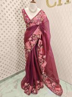Organza With Lotus Flowers And Thread Work On The Body - Image 3