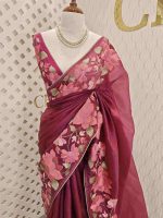 Organza With Lotus Flowers And Thread Work On The Body