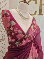Organza With Lotus Flowers And Thread Work On The Body - Image 4