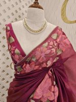 Organza With Lotus Flowers And Thread Work On The Body - Image 2