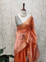Semi tussar silk saree with embroidery on body - Image 5