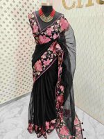 Organza With Lotus Flowers And Thread Work On The Body - Image 13