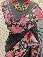 Organza With Lotus Flowers And Thread Work On The Body - Image 14