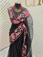 Organza With Lotus Flowers And Thread Work On The Body - Image 15