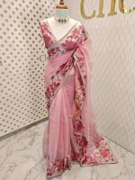 Organza With Lotus Flowers And Thread Work On The Body - Image 24