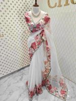 Organza With Lotus Flowers And Thread Work On The Body - Image 9