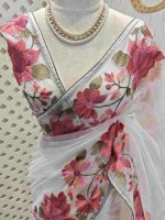 Organza With Lotus Flowers And Thread Work On The Body - Image 11