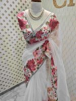 Organza With Lotus Flowers And Thread Work On The Body - Image 12