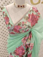 Organza With Lotus Flowers And Thread Work On The Body - Image 18