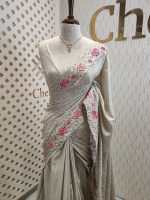 Semi tussar with double shade rose embroidery