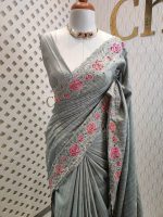 Semi tussar with double shade rose embroidery - Image 7