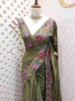Tussar with floral cross stitch border and butta
