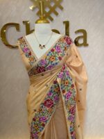 Tussar with floral cross stitch border and butta - Image 7