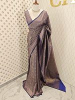 Soft katan silk with golden big flower and veins - Image 3