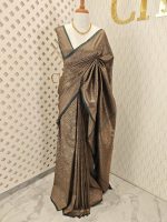 Soft katan silk with golden big flower and veins - Image 5