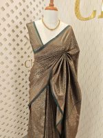 Soft katan silk with golden big flower and veins - Image 7