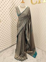 Soft katan silk with golden big flower and veins - Image 12