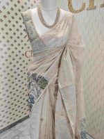 Tissue silk with digital print and flower thread work