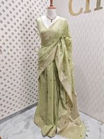 Chanderi silk with diagonal line and flower and leafs design - Image 3