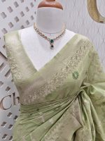 Chanderi silk with diagonal line and flower and leafs design - Image 2