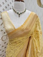 Chanderi silk with diagonal line and flower and leafs design - Image 4
