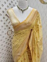 Chanderi silk with diagonal line and flower and leafs design - Image 5