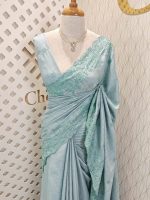 Semi tussar with beads embroidery work and embroidery motif on scalp boarder