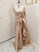 Tussar banarasi with golden zari diagonal floral and leafy design - Image 12