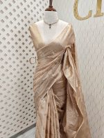 Tussar banarasi with golden zari diagonal floral and leafy design - Image 11