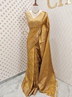 Tussar banarasi with golden zari diagonal floral and leafy design - Image 3