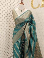 Tussar banarasi with golden zari diagonal floral and leafy design - Image 8