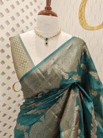 Tussar banarasi with golden zari diagonal floral and leafy design - Image 7
