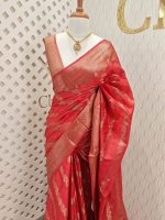 Tussar banarasi with golden zari diagonal floral and leafy design - Image 5