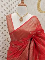 Tussar banarasi with golden zari diagonal floral and leafy design - Image 4