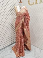 Tussar banarasi with wavy contrast floral and golden zari design - Image 9