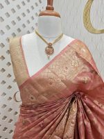 Tussar banarasi with wavy contrast floral and golden zari design - Image 8