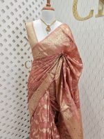 Tussar banarasi with wavy contrast floral and golden zari design - Image 7