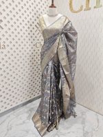 Tussar banarasi with wavy contrast floral and golden zari design - Image 12