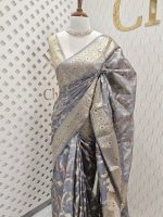 Tussar banarasi with wavy contrast floral and golden zari design - Image 11