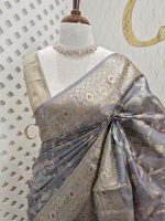 Tussar banarasi with wavy contrast floral and golden zari design - Image 10