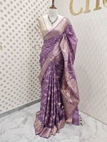 Tussar banarasi with wavy contrast floral and golden zari design - Image 5