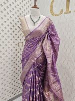 Tussar banarasi with wavy contrast floral and golden zari design - Image 4