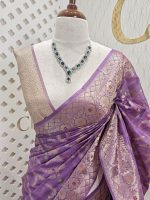 Tussar banarasi with wavy contrast floral and golden zari design - Image 6