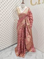Tussar banarasi with wavy contrast floral and golden zari design - Image 15