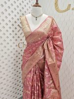 Tussar banarasi with wavy contrast floral and golden zari design - Image 14