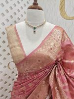 Tussar banarasi with wavy contrast floral and golden zari design - Image 13